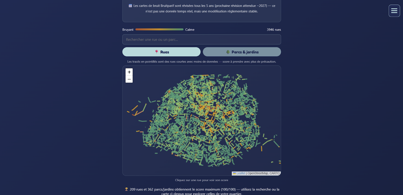 Carte du calme de Paris - AuKLM, rues colorées du plus calme au plus bruyant